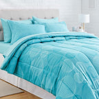 Amazon Basics Full/Queen Comforter Set with Geometric Sheets, 7-Piece Industrial Teal Bedding, Lightweight Microfiber Bed-in-a-Bag
