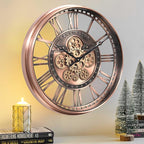 CLXEAST 21 Inch Large Roman Numeral Wall Clock with Moving Gears,Farmhouse Copper Rose Gold/Copper Metal Wall Clocks for Living Room Decor,House Warming Gifts New Home