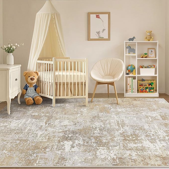 Tortania Washable 6x9 Area Rug for Living Room: Modern Abstract Neutral Large Soft Thin Rugs - Non Slip Indoor Carpet for Bedroom Dining Room Office Nursery Home Floor Decoration - Brown Grey