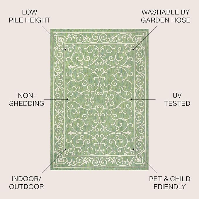 JONATHAN Y Vintage Filigree Indoor Outdoor Area Rug 9X12 Green/Ivory, Charleston Textured Weave for Backyard, Patio, Porch, Easy-Cleaning, High Traffic, Pet-Friendly, Non-Shedding (SMB106K-9)