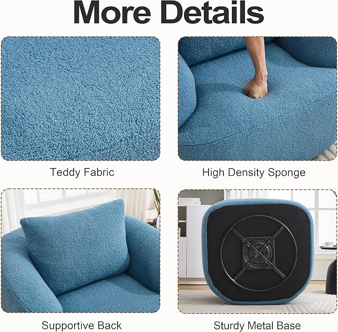 Luxlen Swivel Accent Chair with Pillow for Living Room, Teddy Fleece Upholstered Single Sofa, 360° Rotating Barrel Chair with Metal Base for Bedroom, Office, Apartment - Blue