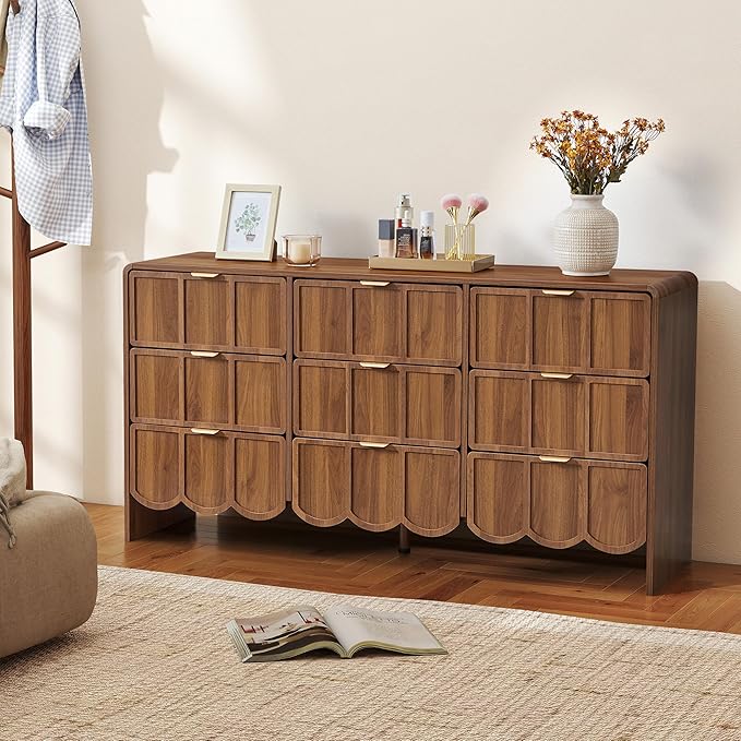 9 Drawer Dresser for Bedroom, Modern Closet Chest of Drawers with Wave Fluted Drawer, Wood Storage Small Dresser Organizer for Nursery Bedroom Living Room Hallway Closet (Walnut)