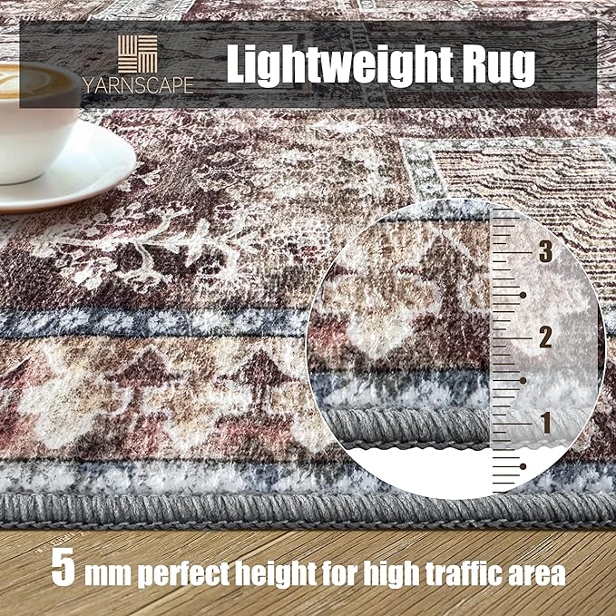 Vintage 4' x 6' Washable Area Rug - Stylish Indoor Rug for Living, Dining or Bedroom - Lightweight Carpet with Non-Slip Backing - Foldable for Easy Placement and Maintenance - Rust