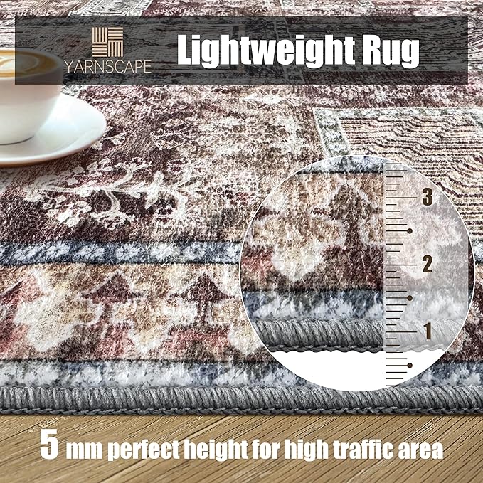 Vintage 8' x 10' Washable Area Rug - Stylish Indoor Rug for Living, Dining or Bedroom - Lightweight Carpet with Non-Slip Backing - Foldable for Easy Placement and Maintenance - Rust