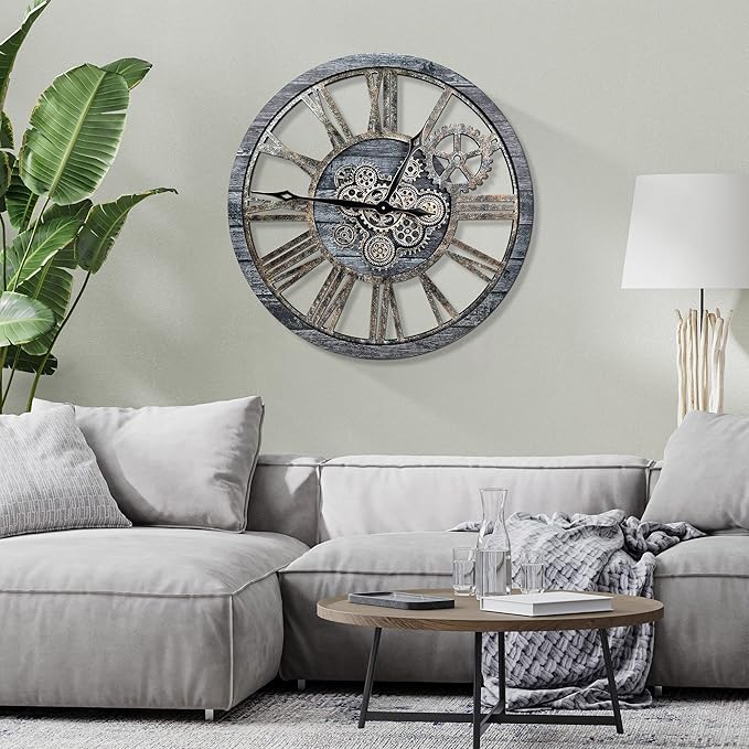 HOIBAI Large Wall Clock Oversized 30 Inch Clocks for Living Room Decor Wall Decor Farmhouse Vintage Rustic Industrial Roman Big Chic Home Decor Wall Clock for House Bedroom, Moving Gears Clock
