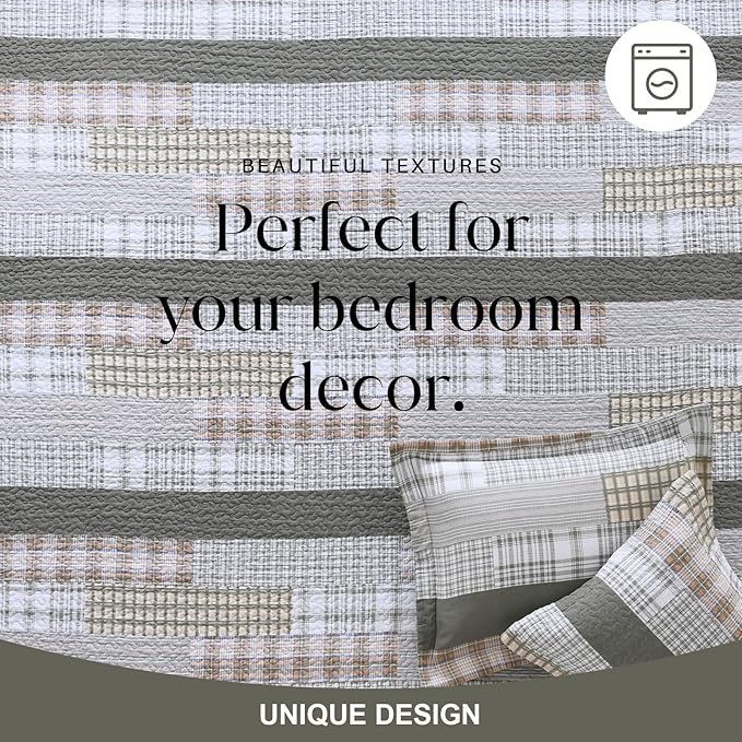 Y-PLWOMEN Quilts Queen Size - 100% Cotton Greyish Green Queen Quilt Farmhouse Plaid Quilted Bedspread, 3 Pieces Lightweight Reversible Queen Size Quilt Bedding Set for All Season