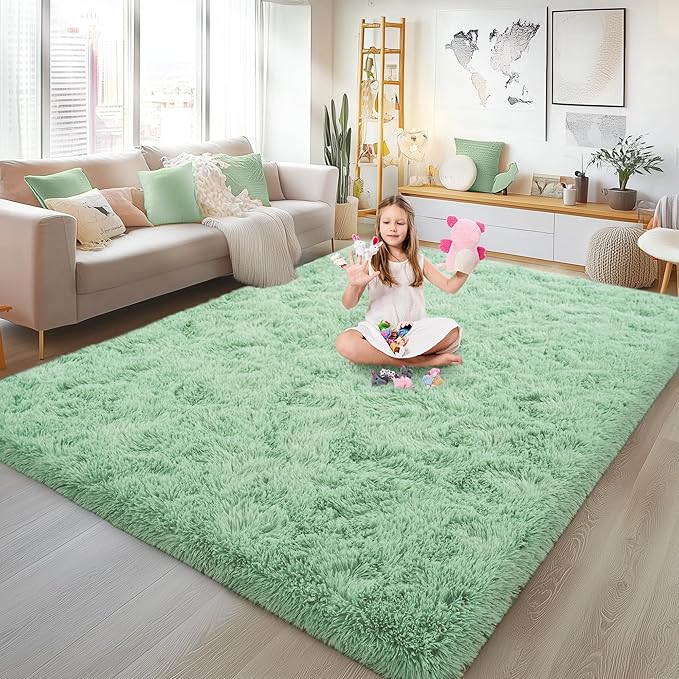 6x9 Fluffy Fuzzy Area Rug for Living Room Bedroom, Ultra Soft Large Living Room Rugs, Non Slip Thick Shag Rug for Dorm, Kids Girls Boys Rug for Home Decor Aesthetic, Sage Green