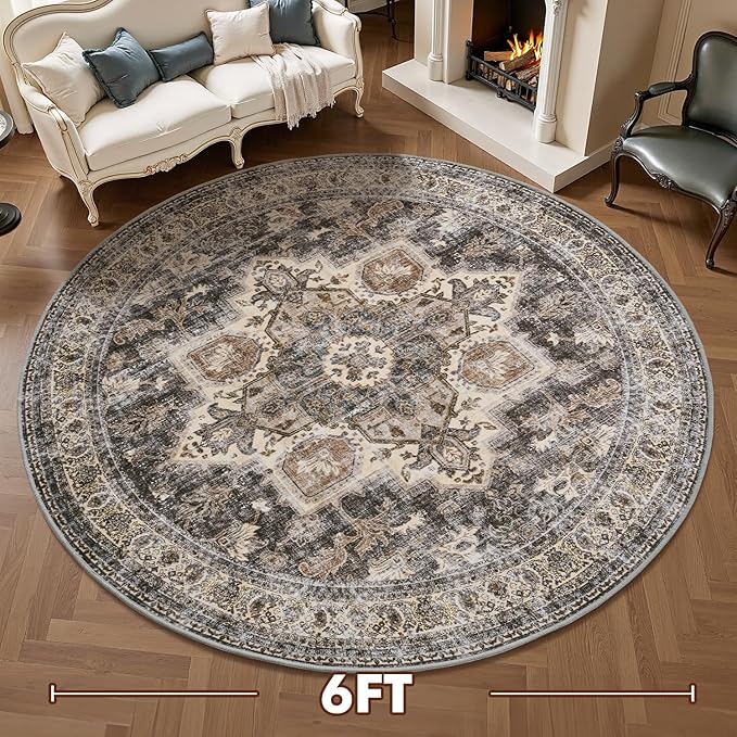 6 ft Round Rugs for Living Room Bedroom Rug Circle Area Rug for Dining Room Table Throw Vintage Circular Rugs Washable Soft Comfortable Brown