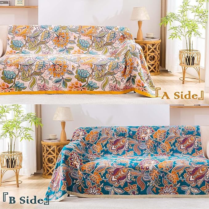 Boho Throw Blanket for Bed, 100% Cotton Soft Rustic Quilt Fall Blanket, 50"x60" Floral Printed Farmhouse Decor Bed Blankets, All Season Rustic Reversible Bohemian Throw Quilt