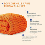 L'AGRATY Chunky Knit Blanket Throw: 72''x84'' Chenille Chunky Knitted Throw Blanket for Bed Couch - Handmade Thick Big Cable Knit Blanket - Large Chunky Crochet Rope Blanket for Home Decor(Orange)