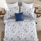 DDUOXIN Botanical Super Oversized King Bedspread - 128" W x120 L Extra Wide 100% Cotton California Quilt, Lightweight Reversible Oversize Bedspreads with 2 Pillow Shams, Blue/White