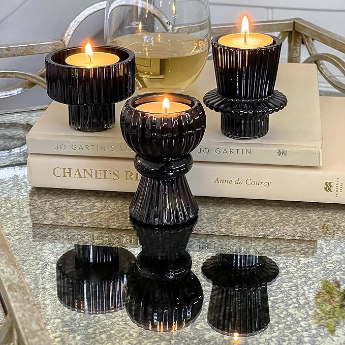 Kate Aspen Vintage Ribbed Glass Black Candlestick Holders, Pillar Candle, Tealight & Votive Candle Holders (Set of 6, 3 Assorted Sizes), Dining Table Decor, Shelf Decor, Centerpiece