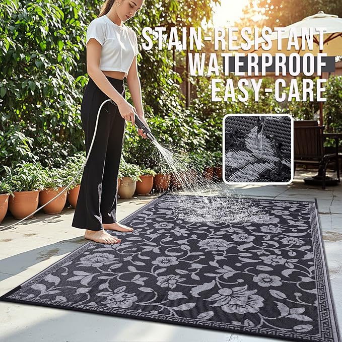 OLANLY Waterproof Outdoor Rug 9x12 ft, Outdoor Plastic Straw Rug with Flower Pattern, Reversible RV Mat for Patio, Camping, Balcony, Deck, Backyard, Black & Grey