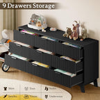 63" Long Dresser for Bedroom, 9-Drawer Fluted Dresser, Extra-Wide Wood Chest of Drawers with Smooth Metal Slides, Stable Base, Modern Clothes Storage Cabinet for Living Room, Hallway, Nursery