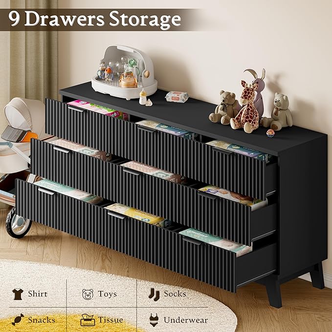 63" Long Dresser for Bedroom, 9-Drawer Fluted Dresser, Extra-Wide Wood Chest of Drawers with Smooth Metal Slides, Stable Base, Modern Clothes Storage Cabinet for Living Room, Hallway, Nursery