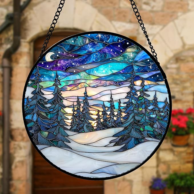 Stained Glass Window Hanging, Starry Sky Trees and Snow Sun Catchers Glass Panel Blue Suncatcher Decor for Birthday for Women, Men, Wife, Aunt, and Mom 6.3 in