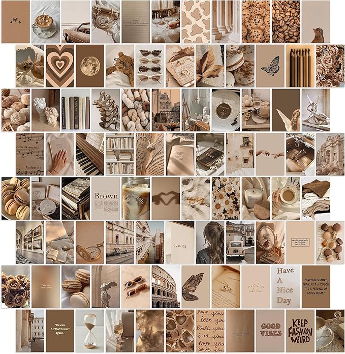 Y2K BOO Beige Brown Aesthetic Wall Collage Kit – 100 Modern & Vintage Photos, 4"x6" Semi-Gloss Prints for Teen Girls Dorm Room Decor, Cozy & Warm Everyday Moments, Gift for Birthday & Graduation