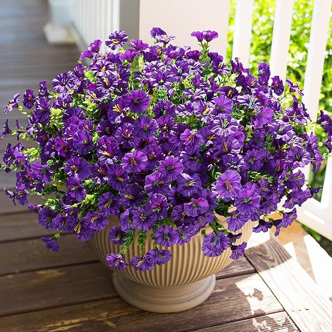 HyeFlora Artificial Flowers for Outdoors Fake Plants Outside Decoration, 12 Bundles Silk Purple Morning Glory with Eucalyptus UV Resistant Look Real Faux Flower for Planter Front Door Porch Patio Yard
