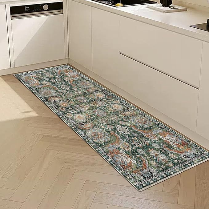 RUGSURE Washable Area Rugs - Perfect for Living Room, Bedroom, Kids Room, Nursery - Stain & Water Resistant Non-Slip, Pet & Child Friendly, Vintage Tribal Area Rugs (Green, 2'6'' x 8')