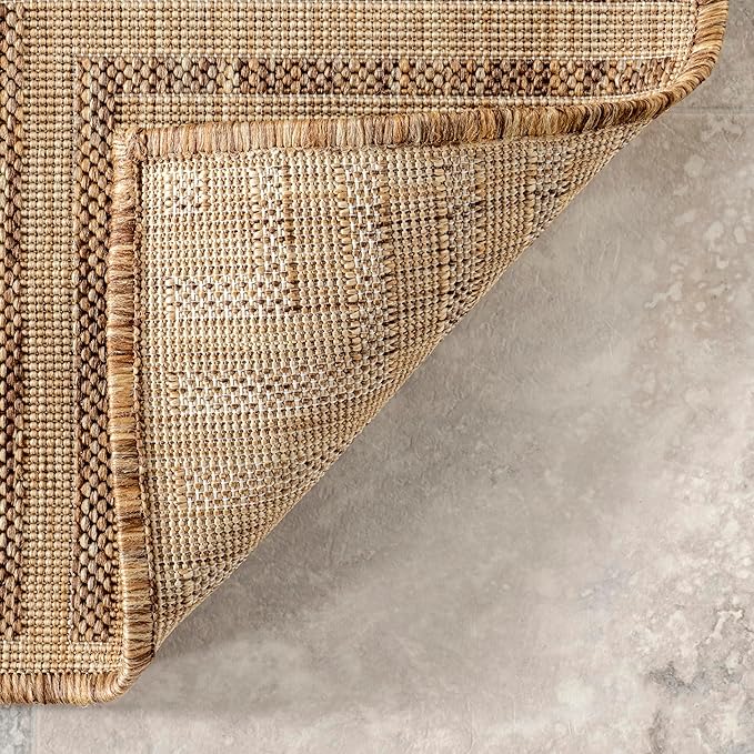nuLOOM 8' x 10' Outdoor Area Rug, Casual Design With Striped Border, Stain Resistant, Highly Durable, For Patio, Balcony, Bedroom, Living Room, Dining Room, Bathroom, Light Brown