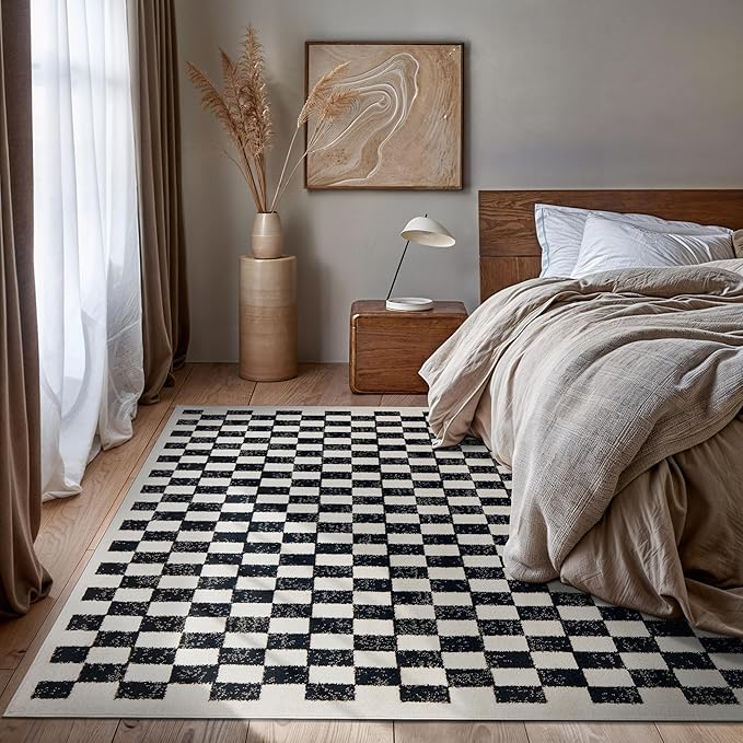 Rugshop Black and White Checkered Area Rug – High-Contrast Grid Pattern Carpet for Living Room, Bedroom, or Dorm – Trendy Contemporary Soft Floor Décor 5' x 7' Black