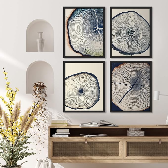 SIGNWIN Framed Blue & White Overexposed Wood Tree Ring Wall Art, Set of 4 Nature Wildernes Wall Decor Prints, Minimalism Wall Décor for Living Room, Bedroom - 12"x16" Black