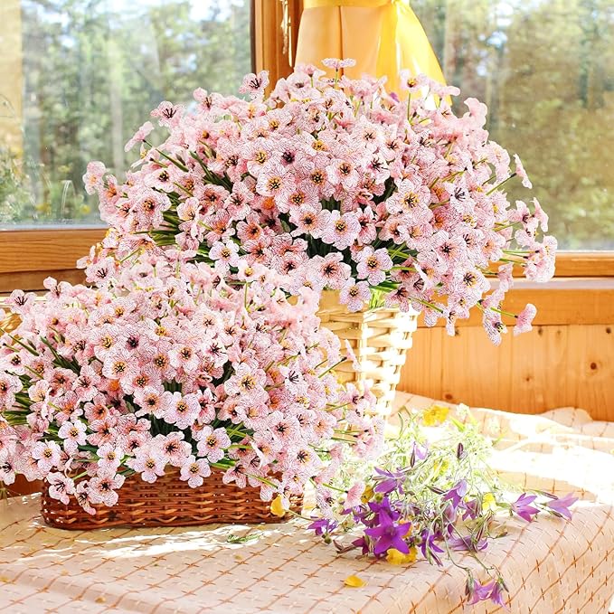 Uieke 72 Bundles Artificial Flowers for Outdoors UV Resistant Fake Silk Flowers No Fade Greenery Shrubs Plants for Outside Planter Home Garden Porch Window Box Spring Summer Décor (Pink)