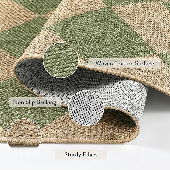 Lahome Checkered Dining Living Room Rug, 8x10 Washable Indoor Outdoor Easy Jute Rug, Farmhouse Neutral Diamond Non Slip Non Shedding Floor Carpet for Sunroom Deck Classroom Office