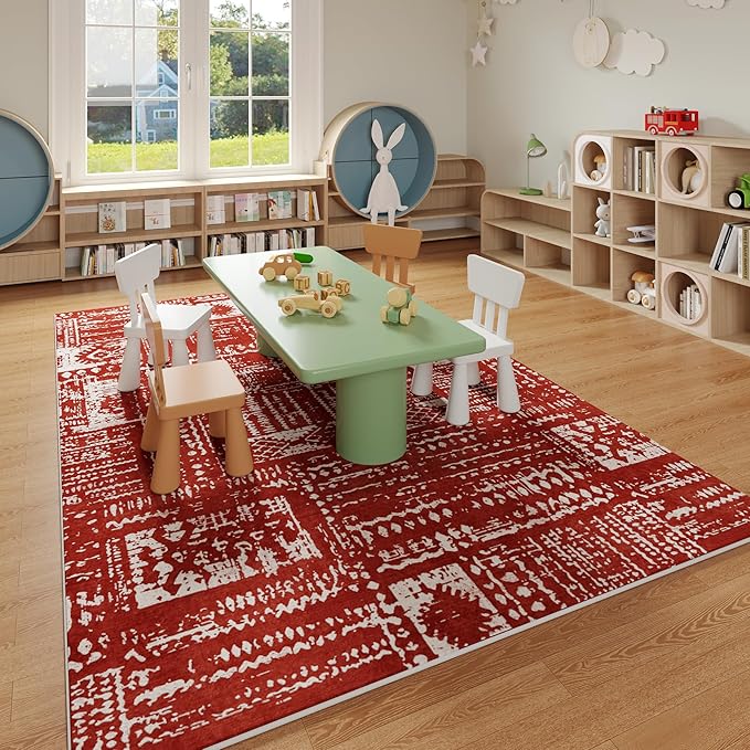Rugcomf Living Room Rug 5x7 Rug Machine Washable Boho Area Rug Non Slip Moroccan Vintage Low Pile Large Rugs for Living Room, Bedroom, Farmhouse, Dining Room, Kids Playroom(Terracotta)