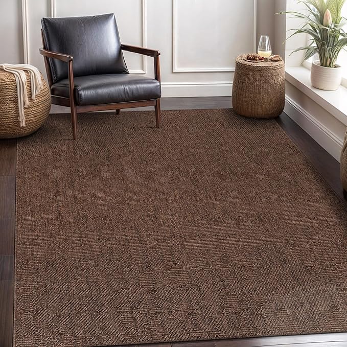 CAMILSON Easy Jute Rug 10x14, Indoor Outdoor Brown Color Fiber Area Rugs for Living Room Patio and Kitchen Rug, Solid Boho Woven Design, Easy-Cleaning, Washable Outside Carpet Alfombras (10 x 14)