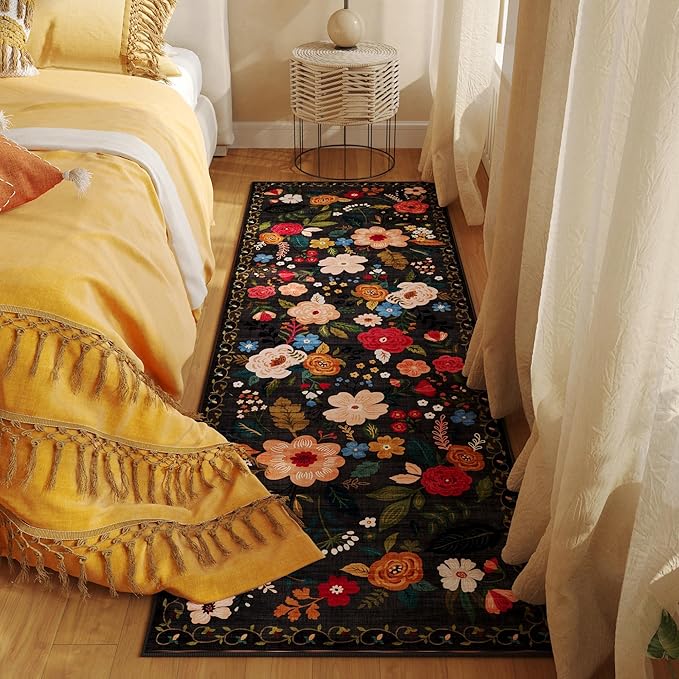 Runner Rug for Hallways Kitchen Rug Non Slip 2'x 6' Washable Runner Rugs with Rubber Backing Soft Floral Carpet Runner for Hallways, Kitchen, Laundry, Bedroom, Bathroom(Black)