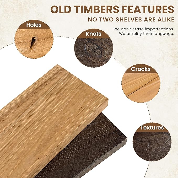 Floating Shelves, 8" Deep Rustic Solid Elm Wood Wall Mounted Floating Shelves, Wall Shelves with Invisible Bracket for Living Room Bathroom Bedroom Kitchen, 32 Inch Set of 2, Natural