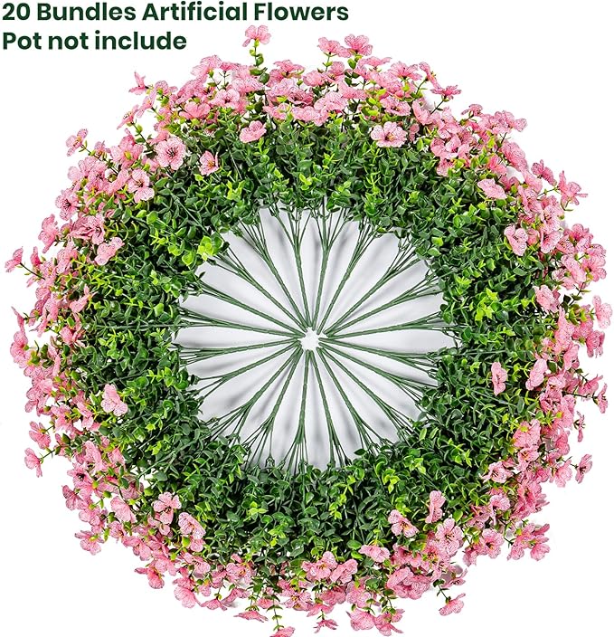20 Bundles Artificial Flowers for Outdoor Fake Plants for Spring Decoration,Faux Eucalyptus Flowers for Planter UV Resistant Lifelike for Home Porch Garden（Pink）