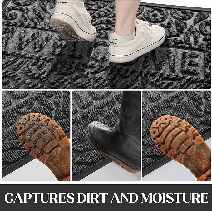 Yimobra Welcome Front Door Mat Outdoor, Heavy Duty Sturdy Non Slip Doormats, Rubber Backing, Low-Profile Entrance Rugs, Absorbent Resist Dirt, Easy Clean Patio Garage Floor Mats, 47X24 Inch, Grey