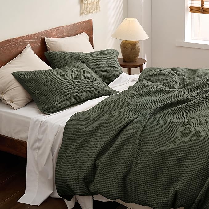 Bedsure Cotton Duvet Cover King - 100% Cotton Waffle Weave Olive Green Duvet Cover King Size, GentleSoft™ and Breathable Bedding Set for All Season, 3 Pieces, 104"x90"