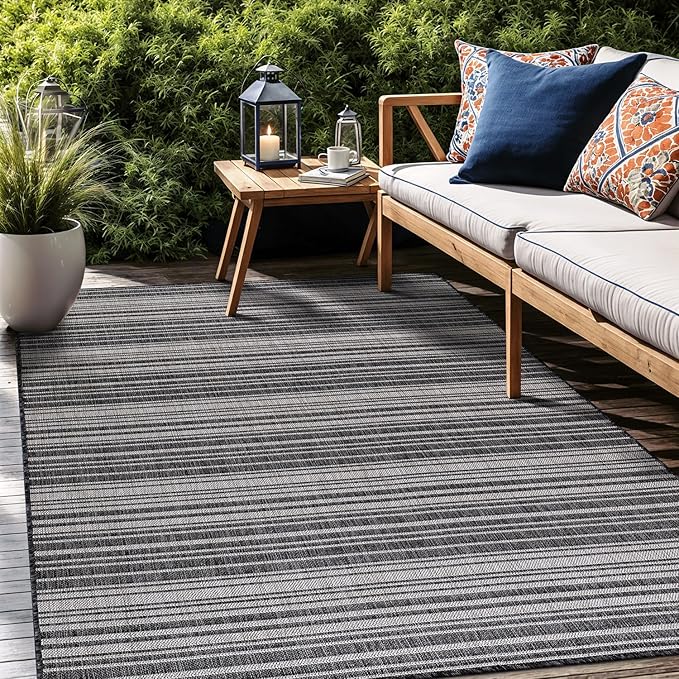 Stripe Outdoor Rug 10x14 Washable Outside Carpet for Indoor Patio Porch Waterproof Easy Cleaning Non Shedding Area Rugs Dark Gray 10 x 14