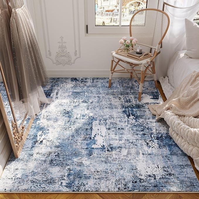 Rugcomf 4x6 Rug Washable Boho Soft Area Rug Abstract Pattern Non-Slip Faux Wool Vintage Rug for Living Room, Bedroom Rug, Farmhouse, Dining Room, Indoor, Kids Playroom, Blue
