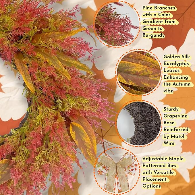 CYANBLOOM Front-Door Cedar Fall Wreaths: 24 Inch Large Wreath with Burlap Bow - Weatherproof Outdoor Porch Decor - Ideal Stress Relief Rustic Greenery for Autumn Holiday (Thanksgiving/Halloween 2025)