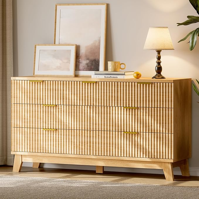 Fluted Dresser with 7 Drawers, 58" Wide Modern Chest of Drawers with Metal Handle, Wooden Dresser TV Stand, Wood Closet Clothes Storage Organizer for Bedroom, Living Room, Hallway, Natural Oak