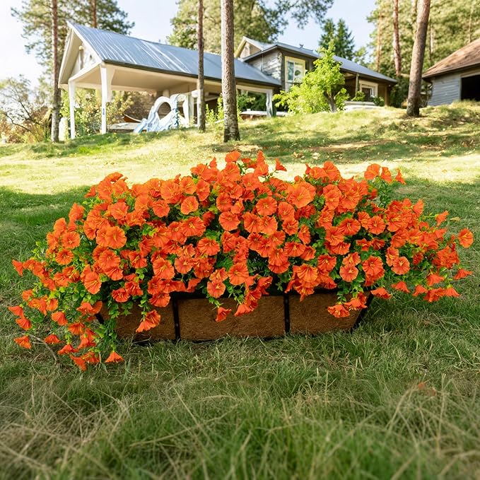 Artificial Flowers for Outdoor Decoration,16 Bundles Fake Silk Realistic Orange Morning Glory UV Resistant Faux Plastic Plants for Planter Porch Patio Yard Balcony(Orange Red)