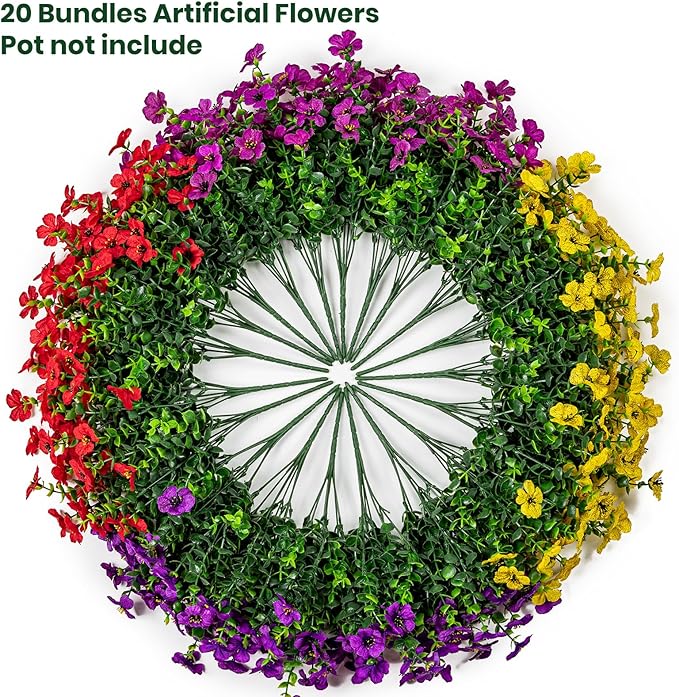 20 Bundles Artificial Flowers for Outdoor Fake Plants for Spring Decoration,Faux Eucalyptus Flowers for Planter UV Resistant Lifelike for Home Porch Garden（4 Color）