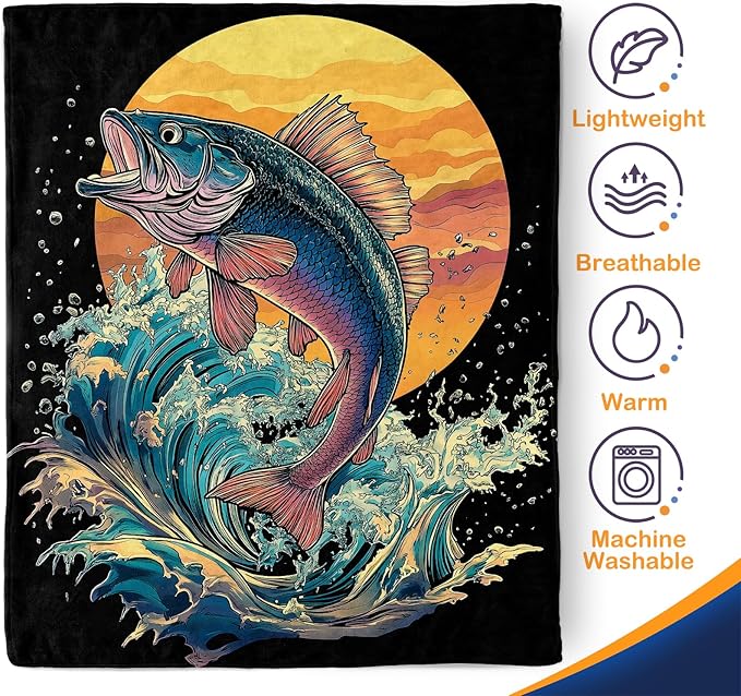 Aimego Fishing Blanket Gifts for Fisherman - Fish Lovers Throw for Dad Men Boys Teens Women Adults Travel Camping Soft Fleece Cozy Bed Couch Decor Birthday Christmas Lightweight Blanket 50"x60"