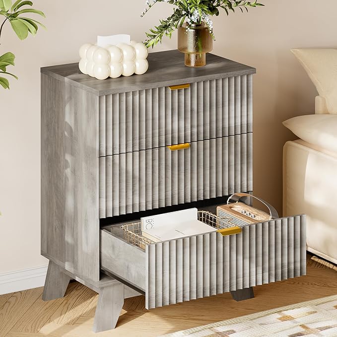 30.5" Nightstand with Charging Station, 3-Drawer Fluted Bedroom Chest, Wood Bedside Dresser with Power Outlets and USB Ports, Metal Slides, Stable Base, Modern Storage Cabinet for Small Spaces