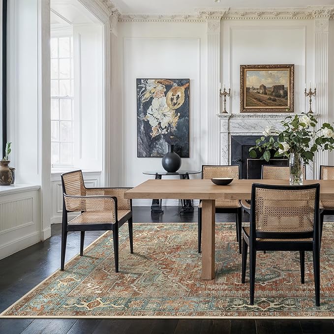 GENIMO Machine Washable 10x14 Area Rugs for Living Room, Non Slip Vintage Rugs, Low Pile Lightweight Chenille Print Rug for Bedroom, Dining Room, Home Office, Red Multi