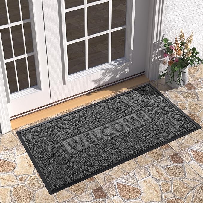 Yimobra Welcome Front Door Mat Outdoor, Heavy Duty Sturdy Non Slip Doormats, Rubber Backing, Low-Profile Entrance Rugs, Absorbent Resist Dirt, Easy Clean Patio Garage Floor Mats, 47X24 Inch, Grey