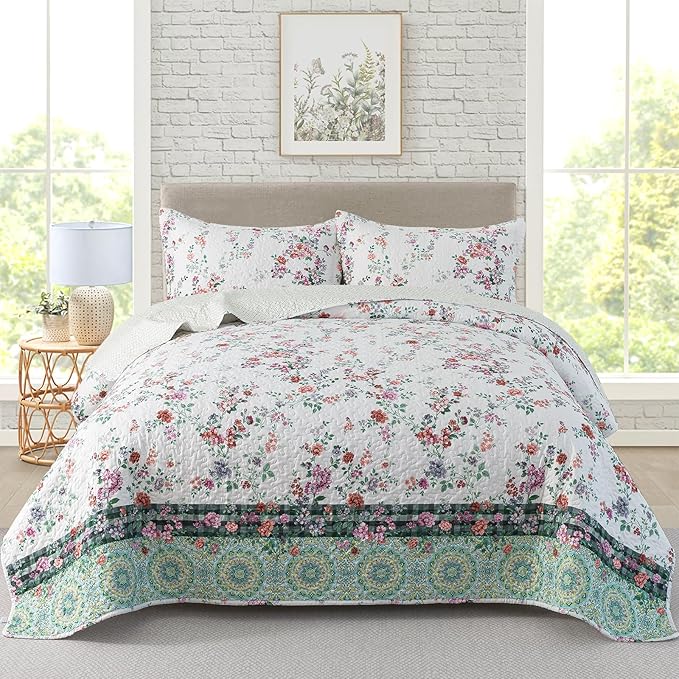 Travan 3-Piece Quilt Set Quilted Bedspread Lightweight Coverlet Set Garden Style Floral Printed Oversized Quilted Bedding Set with Shams for All Season, Exquisite, King Size