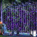 JMEXSUSS 300LED Halloween Curtain Lights with Remote, 9.8x9.8ft Halloween Lights Plug in, Christmas Twinkle Hanging String Light for Bedroom Wall Window Backdrop Indoor Outdoor Decor, Purple and Green