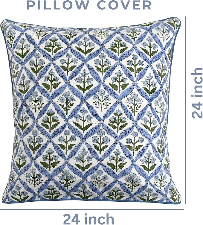 Ridhi Light Steel Blue Cotton Canvas Throw Pillow Covers for Decorative Couch Pillows for Living Room, Chic Boho Cute Outdoor Thanksgiving Pillows Covers Gifts 24x24 Inches