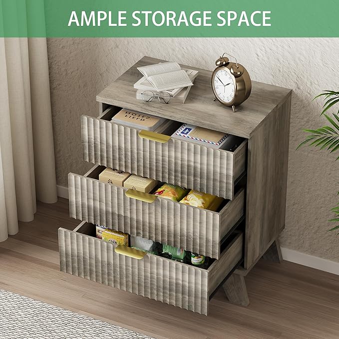 Fluted Nightstand, 24" Wide Side Table with 3 Large Storage Drawers, Mid Century Modern Wood Night Stand with Metal Handle, Wooden Bedside End Table for Bedroom, Living Room, Closet, Grey