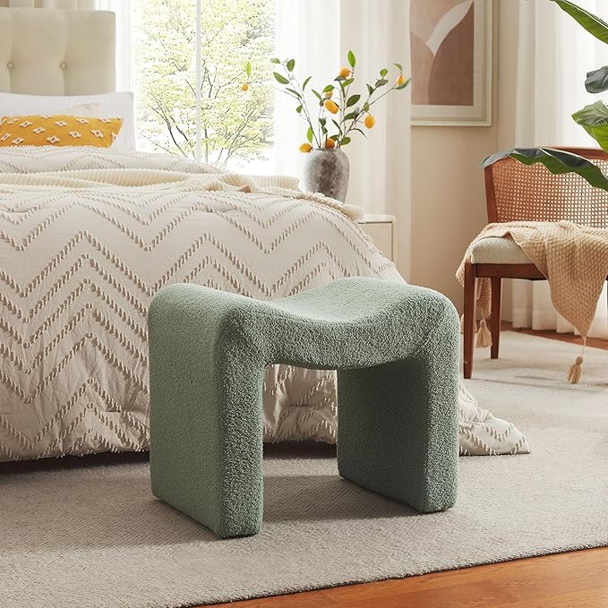 Vanity Stool Foot Rest Small Footstool Ottoman Chair Seating Backless Modern Teddy Velvet Ottoman for Makeup Room Living Room Bedroom Entryway,(Single 1) Green